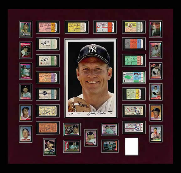 MICKEY MANTLE IS THE RECORD HOLDER FOR MOST HOME RUNS IN WORLD SERIES PLAY-18. THIS ELABORATE DISPLAY INCLUDES A COMPLETE COLLECTION OF ORIGIANL TICKET STUBS FROM THE 16 WORLD SERIES GAMES IN WHICH MANTLE HIT AT LEAST ONE HOME RUN(IN TWO GAMES HE HIT TWO). THE TICKETS IN THIS RUN INCLUDE FIVE SCARCE STUBS FROM EBBETS FIELD AS WELL AS THE COVETED STUB FROM DON lARSENS'S PERFECT GAME IN 1956. OTHER COMPONENTS OF THIS CREATIVE DISPLAY INCLUDE A LARGE LIMITED EDITION SIGNED PHOTOGRAPH OF "THE MICK" AS THE CENTERPIECE. ADDITIONALLY, THE DISPLAY IS ENHANCED BY INDIVIDUAL PLACARDS DETAILING EACH HOME RUN UNDER EVERY TICKET-THIS PICTURE MEASURES 53 X 41 INCHES